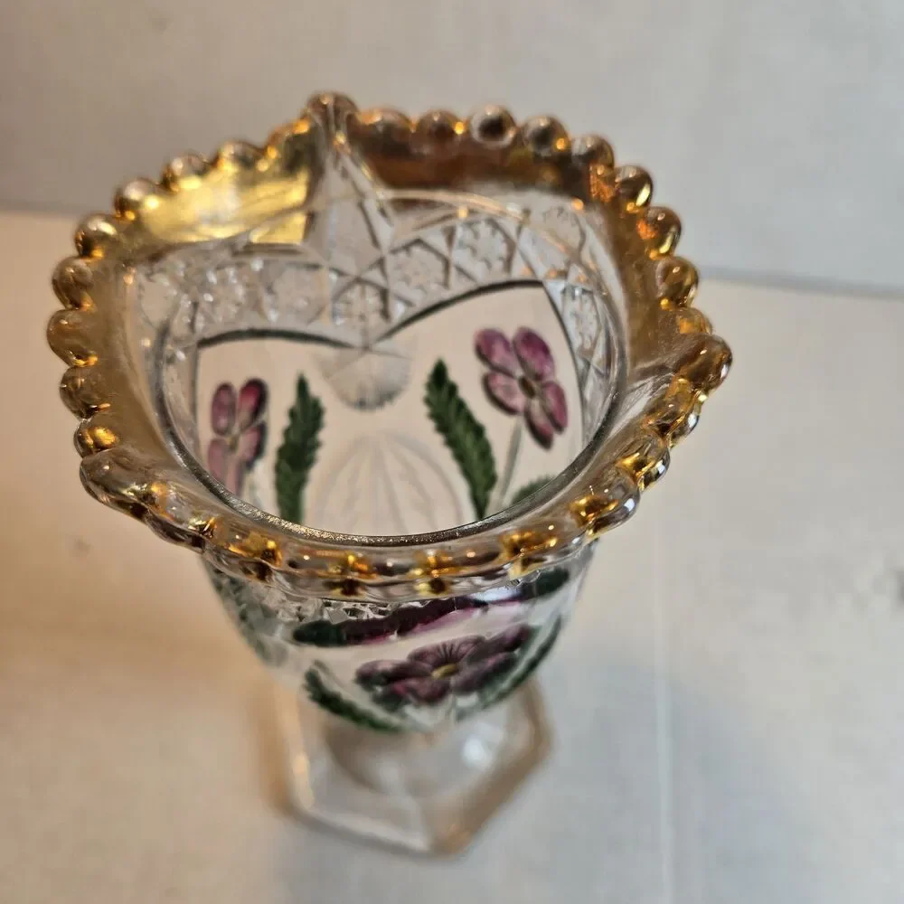 Vintage EAPG Scalloped Vase - Hand-Painted Purple Pansy & Gold Flash Rim